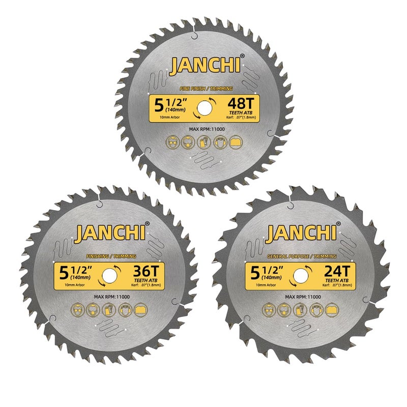Jianchi 3Pack Combo 5-1/2 Inch 24T&36T&48T Woodworking Saw Blades 10mm Arbor, Thin Kerf ATB Carbide Teeth, Compatible with Corded/Cordless Dewalt, Milwaukee M12, Ryobi, Craftsman CMCS505 And Similar Trim Saws - Image 1